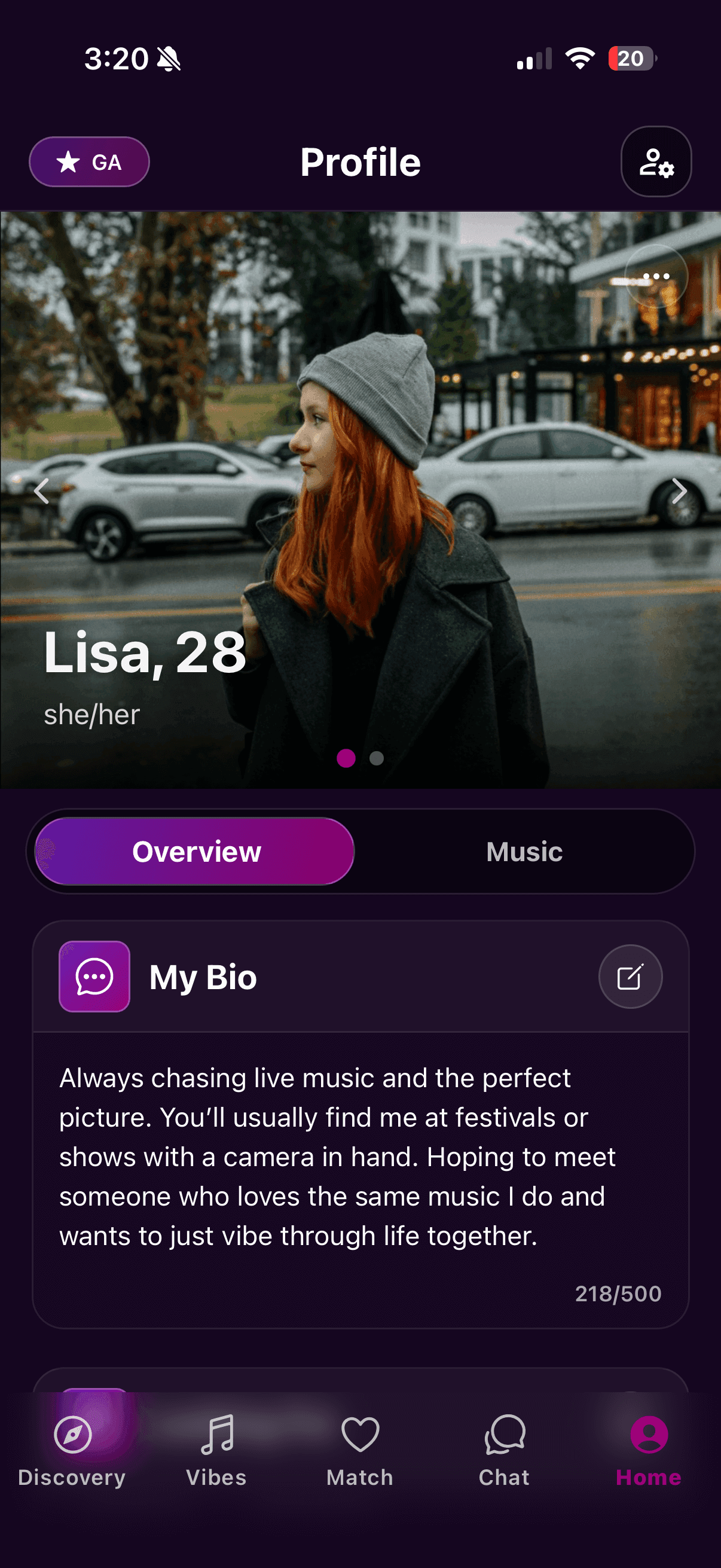 Synceria dating app discovery screen with genre-based matching